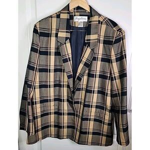 Maggie Barnes Blazer 22W Plaid‎ Elbow Patches Navy Beige Academia